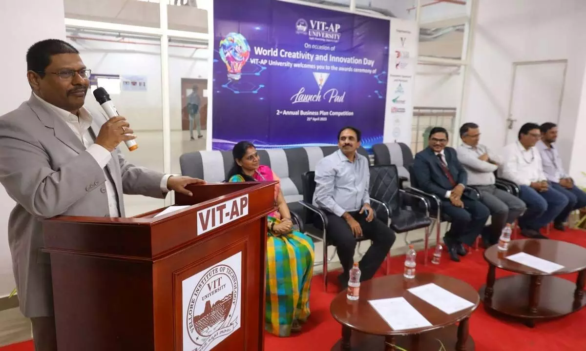 Apex Solutions Ltd Executive Director Narendra Kumar Saranam addressing the budding entrepreneurs at the finale of VLaunch Pad at VIT-AP University in Amaravati on Sunday