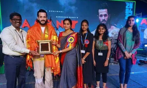 SV College of Engineering management felicitating film actor Akhil Akkineni in Tirupati on Sunday