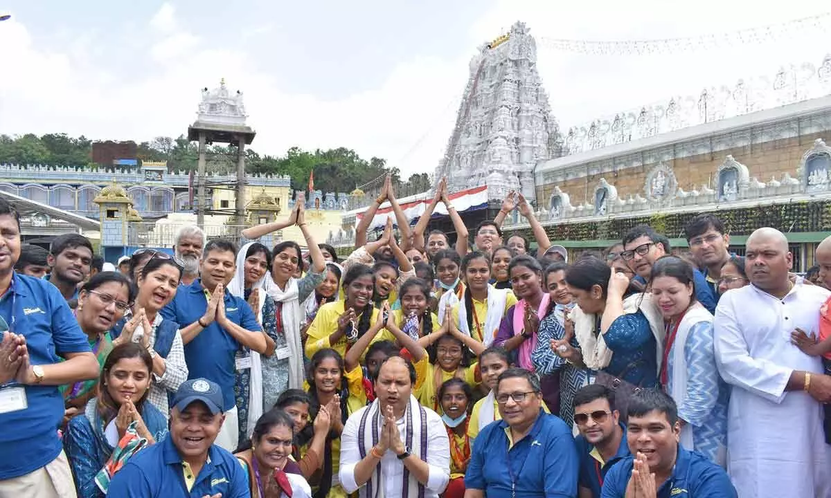 TTD LAC Chennai chief Sekhar Reddy with the specially-abled children who had darshan of Lord Venkateswara at Tirumala on Tuesday