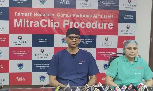 Ramesh Hospital senior cardiologist Dr Naga Sri Haritha and senior  anaesthesiologist Bikash Sahu  addressing the media in Guntur on Tuesday