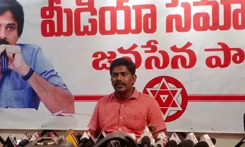 Jana Sena Party corporator P Murthy Yadav addressing media in Visakhapatnam on Tuesday