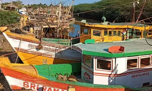 Fishing boats docked at Gilakaladindi harbour near Machilipatnam
