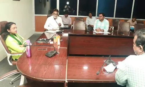 Municipal Commissioner D Haritha reviewing the Srinivasa Setu flyover works with officials in Tirupati on Wednesday