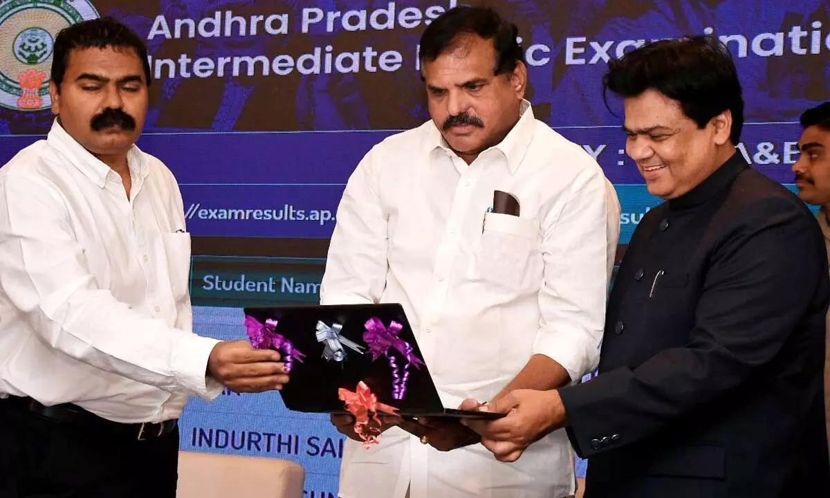 Education Minister Botcha Satyanarayana and other officials releasing the results of Intermediate 1st and 2nd year public examinations in Vijayawada on Wednesday Photo: Ch Venkata Mastan
