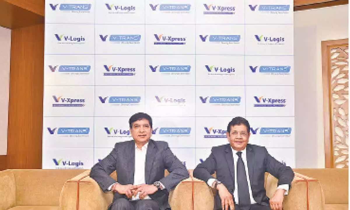 (L-R) Rajesh Shah, Executive Director and Mahendra Shah, Chairman and Group MD, V-Trans (India) Ltd addressing the media in Hyderabad on Wednesday