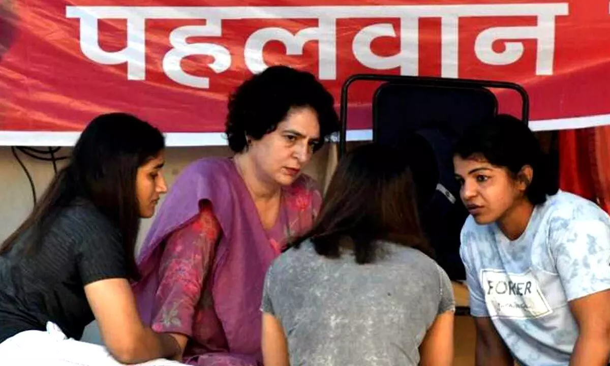 Congress leader Priyanka Gandhi Vadra met protesting wrestlers at Jantar Mantar here on Saturday