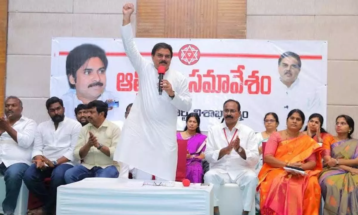 Jana Sena Party’s Political Affairs Committee chairman Nadendla Manohar speaking at a media conference in Visakhapatnam on Sunday