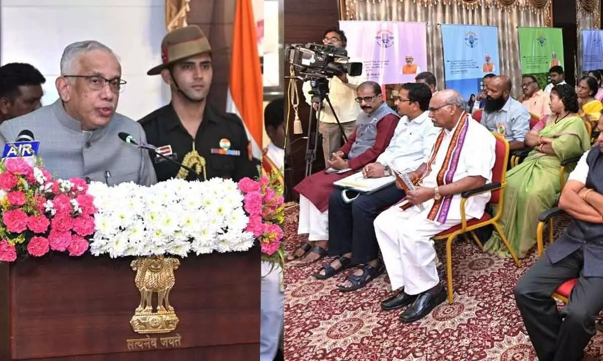 Governor S Abdul Nazeer and others watching the 100th episode of Prime Minister Narendra Modi’s ‘Mann Ki Baat’ at Durbar Hall of Raj Bhavan on Sunday