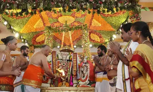 Priests offering Harathi to Malayappa Swamy and his consorts – Sridevi and Bhudevi during Padmavathi Parinayotsavam in Tirumala on Sunday