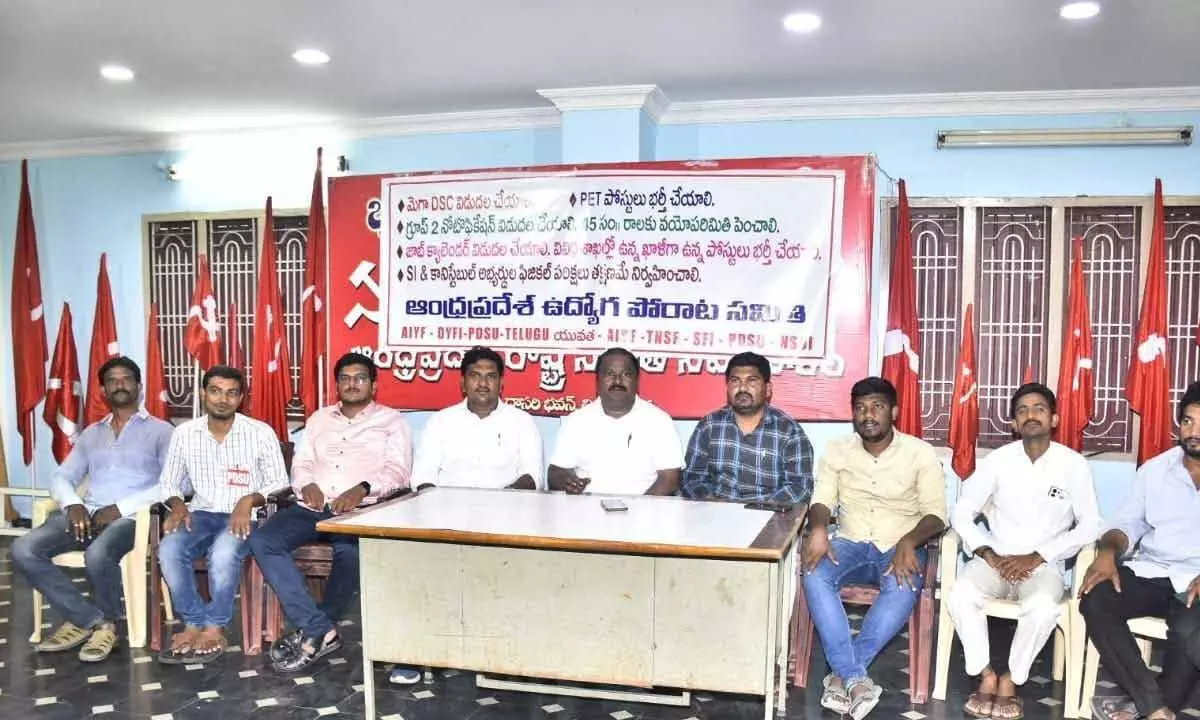 AP Udyoga Porata Samithi leaders addressing media in Vijayawada on Sunday