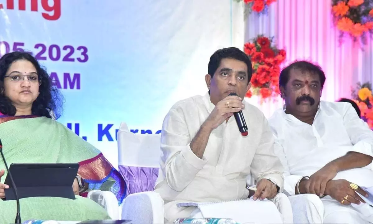 Finance Minister Buggana Rajendranath Reddy addressing the district review meeting at Zilla Parishad meeting hall in Kurnool on Tuesday. Labour Minister Gummanur Jayaram and district Collector Dr G Srijana are also seen.