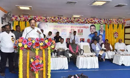 Former Vice-President Venkaiah Naidu addressing the meeting held under the aegis of Telugu Journalists Sankshema Sangam in Guntur on Tuesday. Former joint director of CBI V V Lakshminarayana, AP Press Academy chairman Kommineni Srinivasa Rao, former minister Kamineni Srinivas are also seen