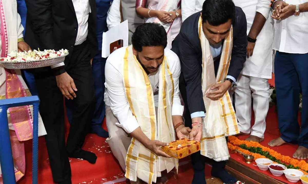 Chief Minister Y S Jagan Mohan Reddy, Rajesh Adani and Karan Adani of Adani Group laying the foundation stone for the Integrated Data Centre at Rushikonda in Visakhapatnam on Wednesday