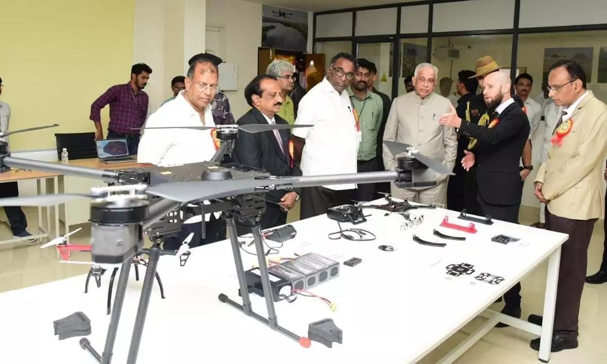Governor S Abdul Nazeer being explained on the functioning of drones at Dhanekula Engineering College near Ganguru in Krishna district on Wednesday. Former Judge of Supreme Court Justice Jasti Chalameswar and others are also seen.