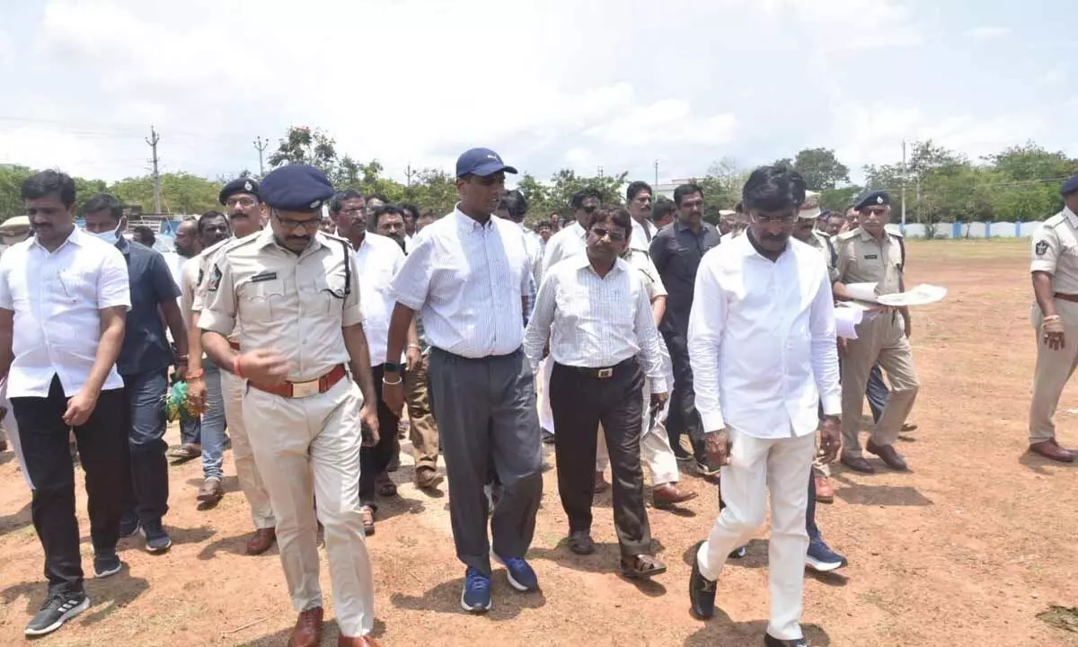 District Collector M Hari Narayanan along with Kavali MLA R Prathap Kumar Reddy,  SP Tirumaleswara Reddy inspecting the arrangements for Chief Minister YS Jagan Mohan Reddy’s one-day visit scheduled for May 12, at ZP High School ground in Kavali on Wednesday
