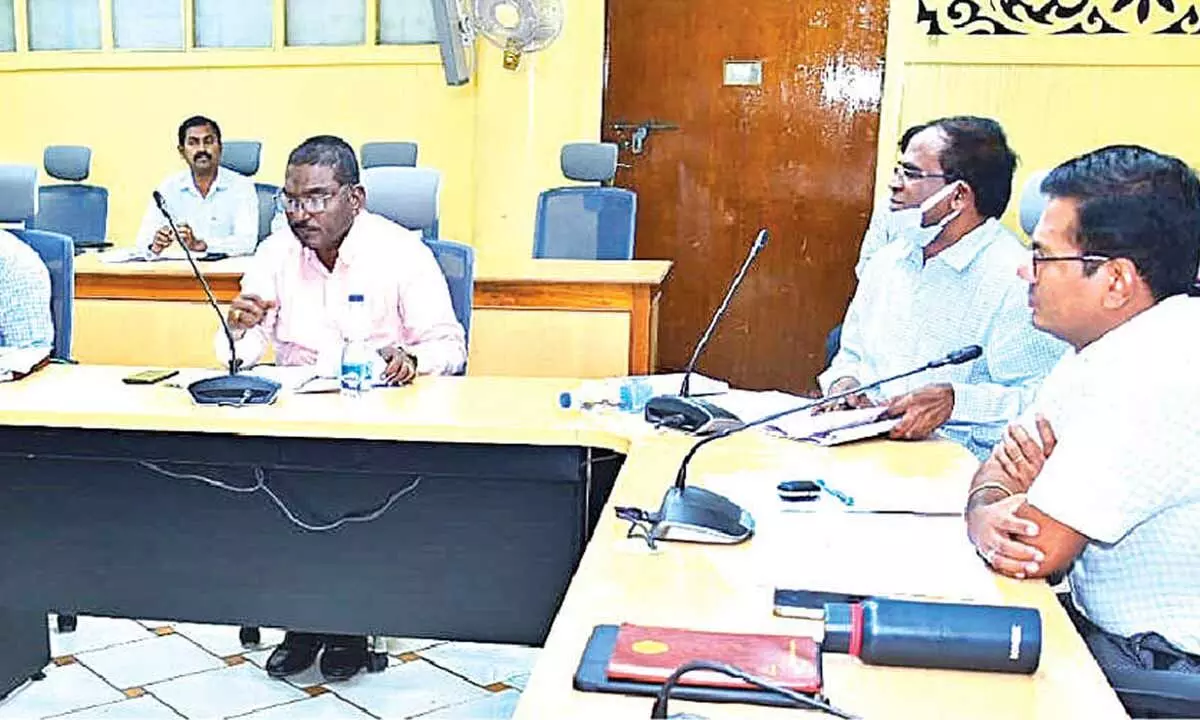 Prakasam district Collector AS Dinesh Kumar and SE Kondaiah conducting a review meeting with Panchayat Raj engineering officials at the Collectorate in Ongole on Wednesday