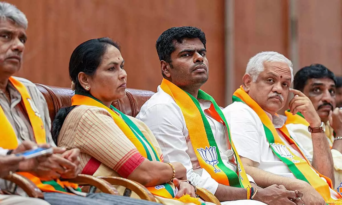Union Minister Shobha Karanadlaje, Tamil Nadu BJP president K Annamalai, the partys national general secretary (organisation) BL Santosh and others during a meeting for the preparation of Prime Minister Narendra Modis roadshow, in Bengaluru on Thursday