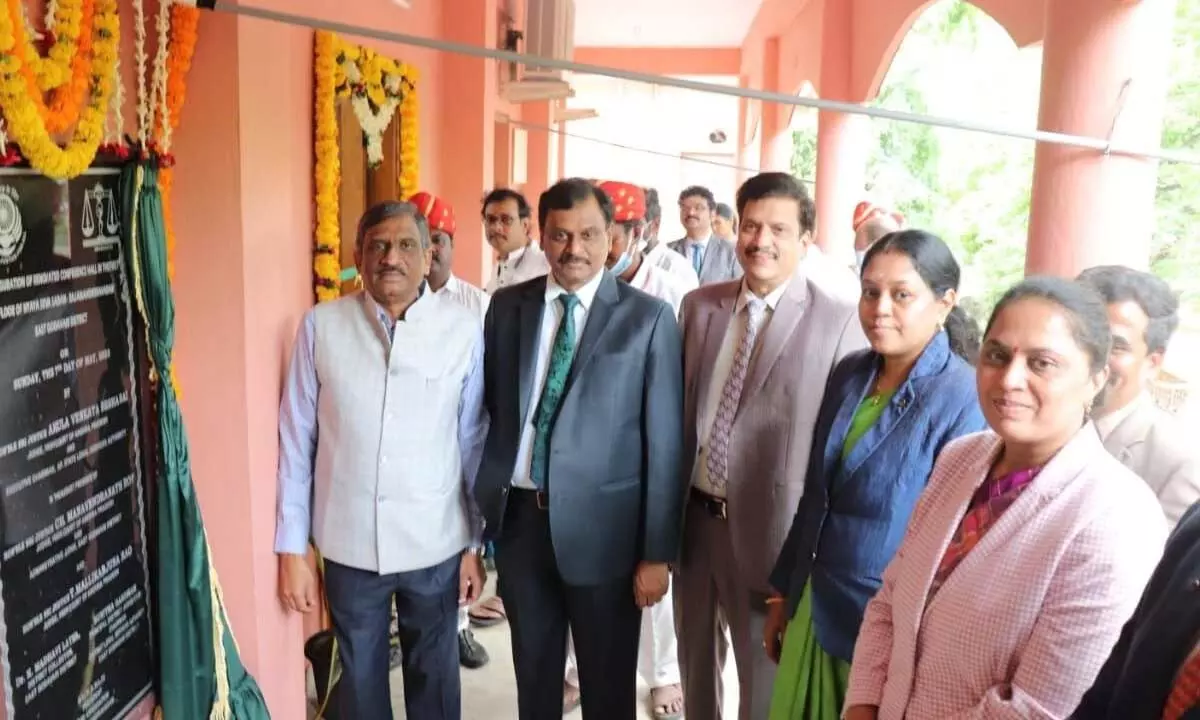 Justice Akula Venkata Sesha Sai, Executive Chairman, AP State Legal Services Authority and High Court Judge inaugurating the Nyaya Seva Sadan meeting hall at the DLSA office on Sunday in Rajamahendravaram. High Court Judges Justice Ch Manavendranath Roy, Justice T Mallikarjuna Rao, District Judge Gandham Sunitha and others are seen