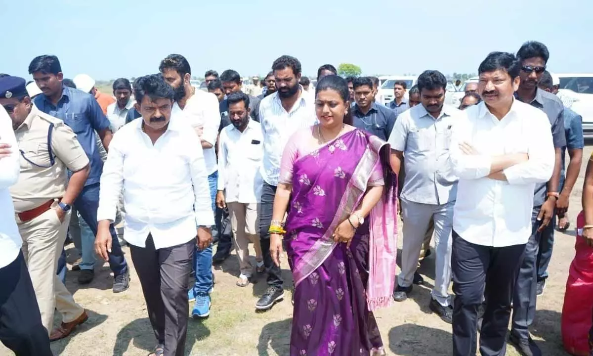 Ministers Jogi Ramesh and R K Roja inspecting the arrangements for the Chief Minister’s visit in Machilipatnam on Sunday. Former minister Perni Nani and others are seen.