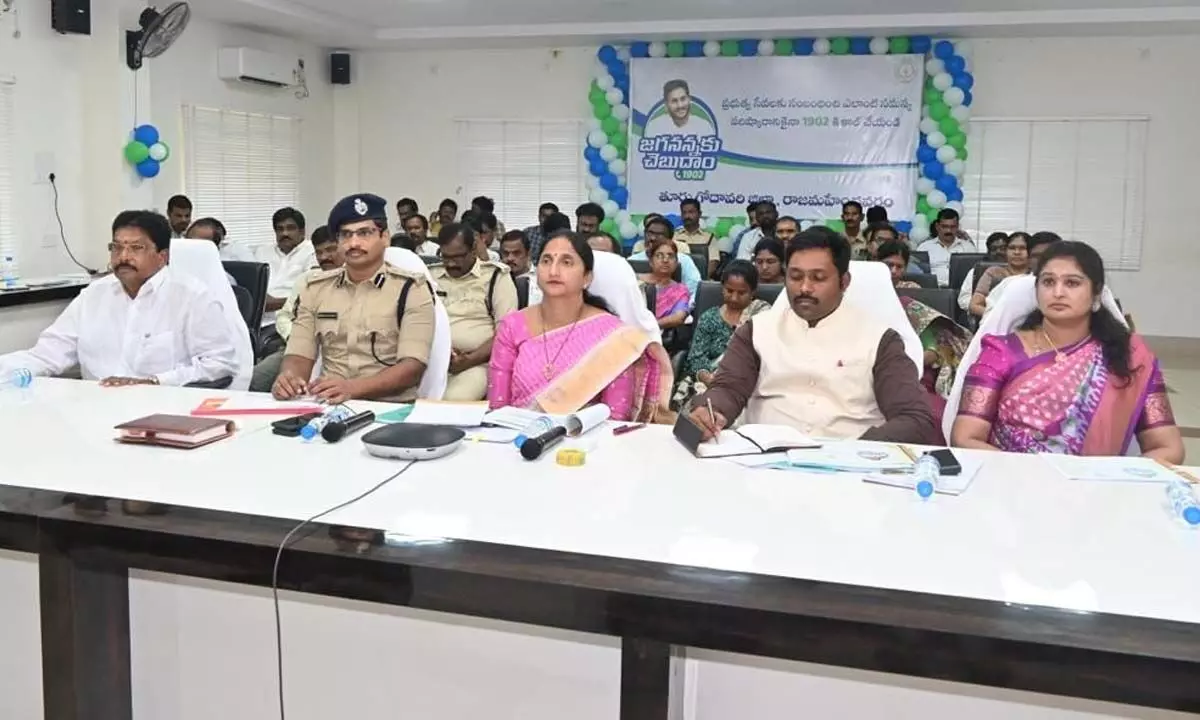 District Collector Dr K Madhavi Latha and SP Ch Sudhir Kumar Reddy participating in a videoconference from the Collectorate in Rajamahendravaram on Tuesday. Joint Collector N Tej Bharat and RUDA Chairperson Medapati Sharmila Reddy are also seen.