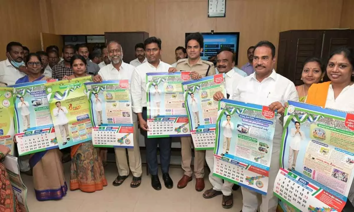 MP N Reddsppa, District Collector S Shan Mohan, SP Y Rishanth Reddy, ZP Chairman G Srinivasulu and others releasing the Jagananna Prabhutva Samkshema calendar at the Collectorate in Chittoor on Tuesday