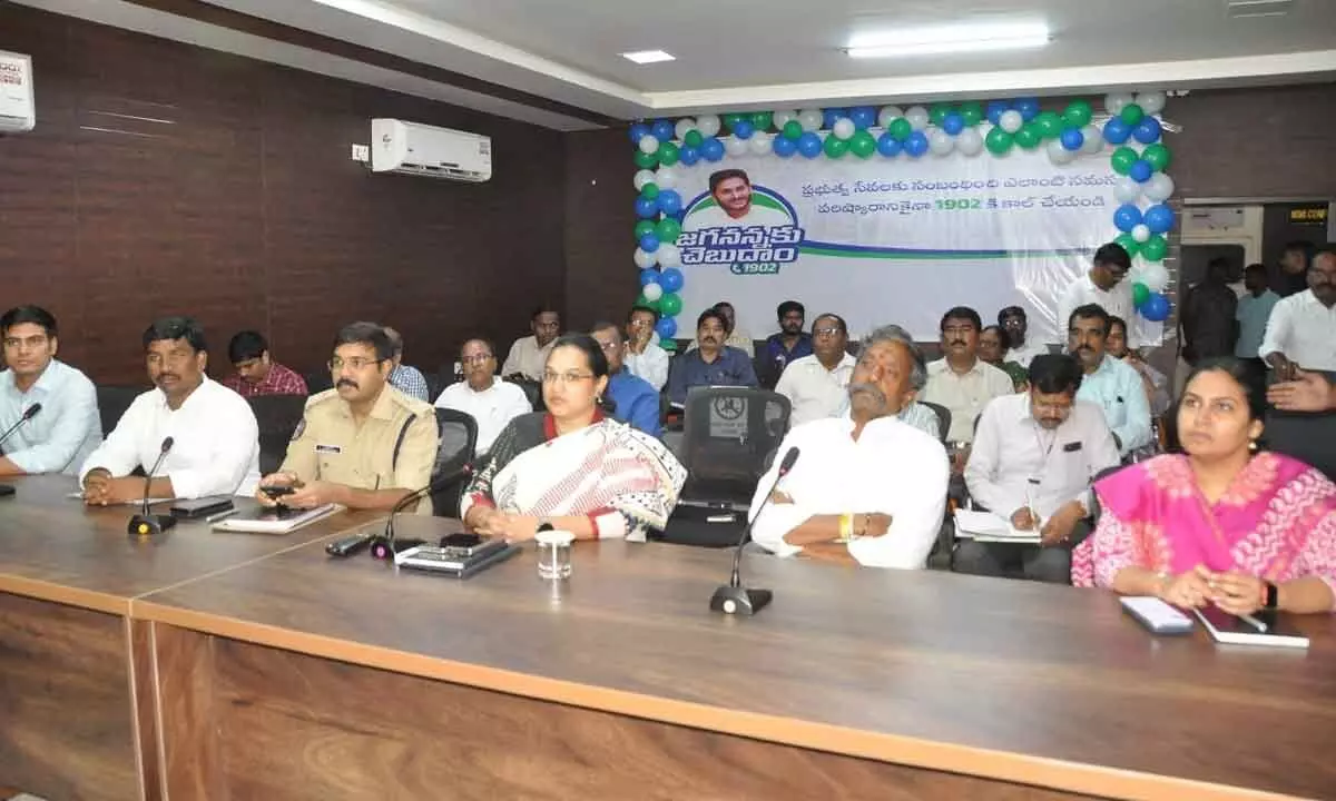 Kurnool District Collector Dr G Srijana, SP G Krishnakanth, MLAs Katasani Rambhupal Reddy, Dr Jaradoddi Sudhakar, Sub-Collectors Abhisek, Narapureddy Mourya and others taking part in Kurnool on Tuesday at a video-conference convened by Chief Minister Y S Jagan Mohan Reddy from his camp office in Tadepalli