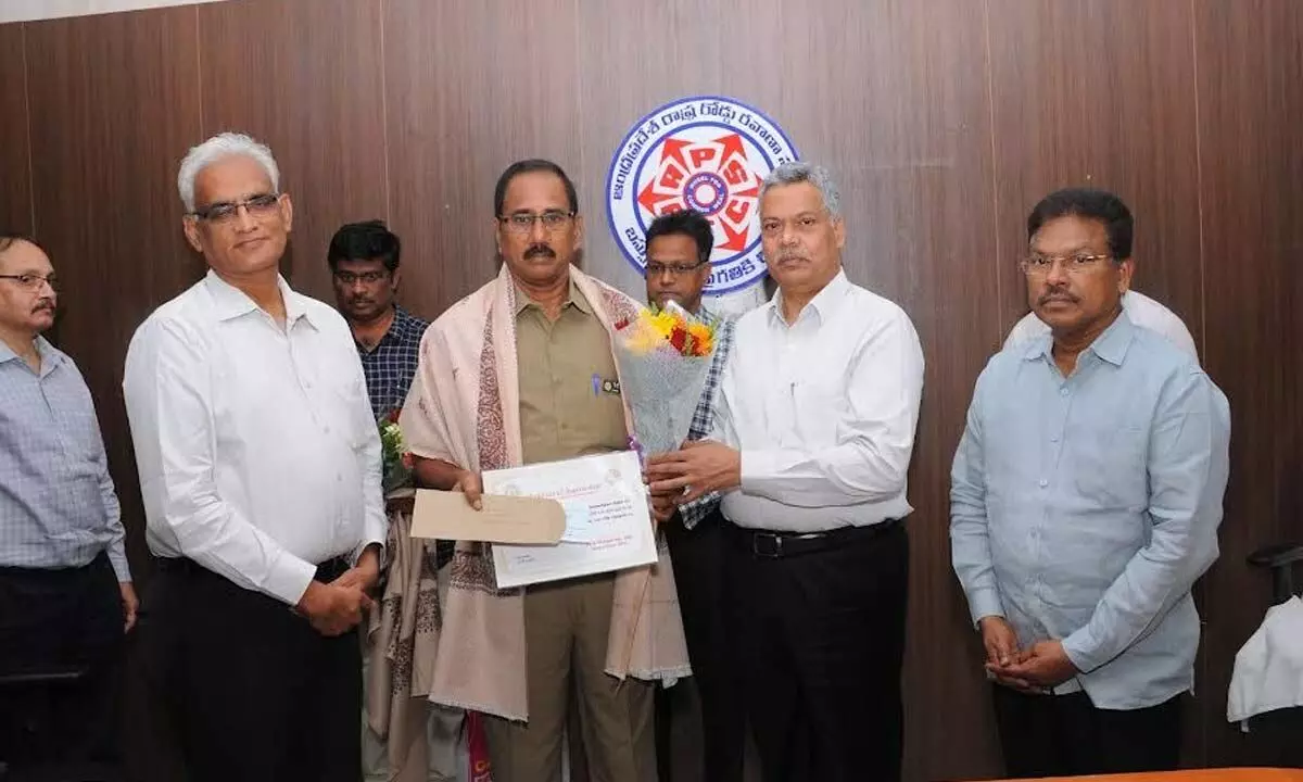 APSRTC  driver of  Simhachalam depot S A Narasimha Raju being felicitated for bagging national award in Vijayawada on  Wednesday