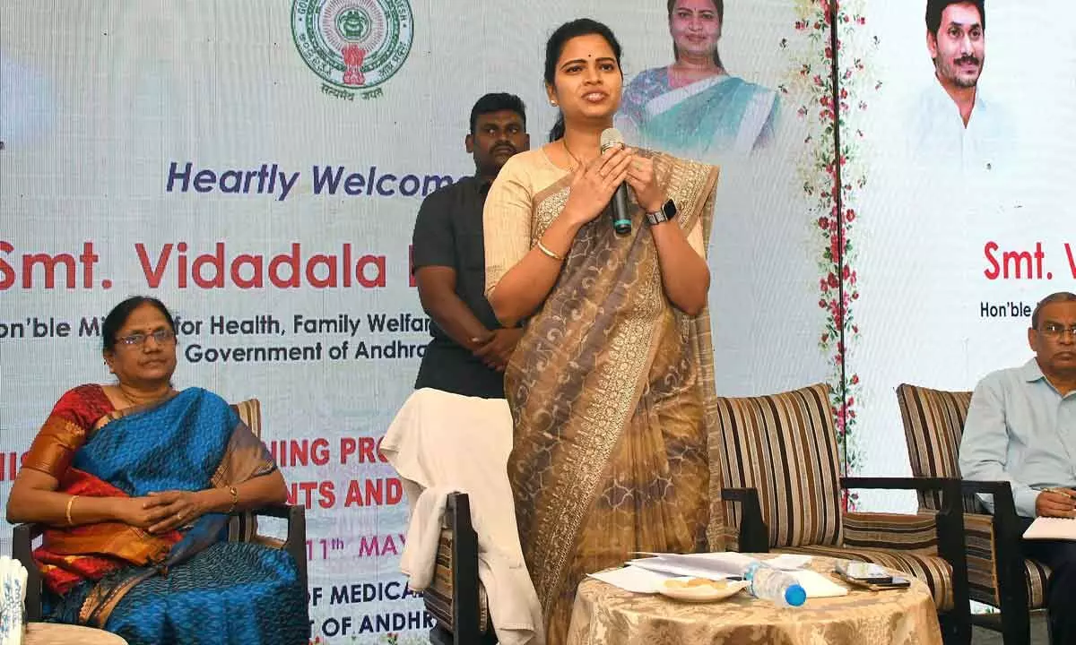 Minister for medical, health and family welfare Vidadala Rajini addressing the two-day administrative training programme for government medical college principals and hospital superintendents in Vijayawada on Wednesday Photo: Ch Venkata Mastan