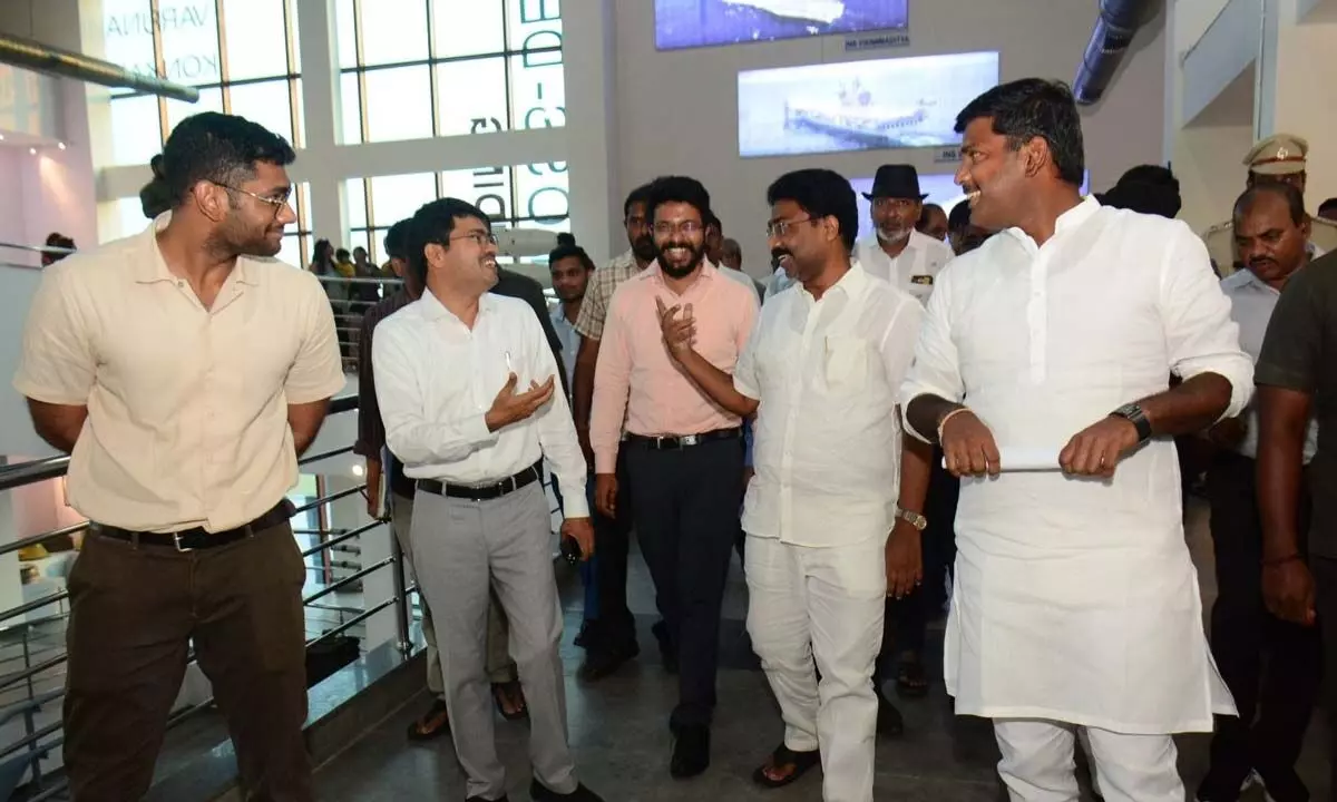 Ministers Gudivada Amarnath, Adimulapu Suresh, among others at the Sea Harrier Museum in Visakhapatnam on Wednesday