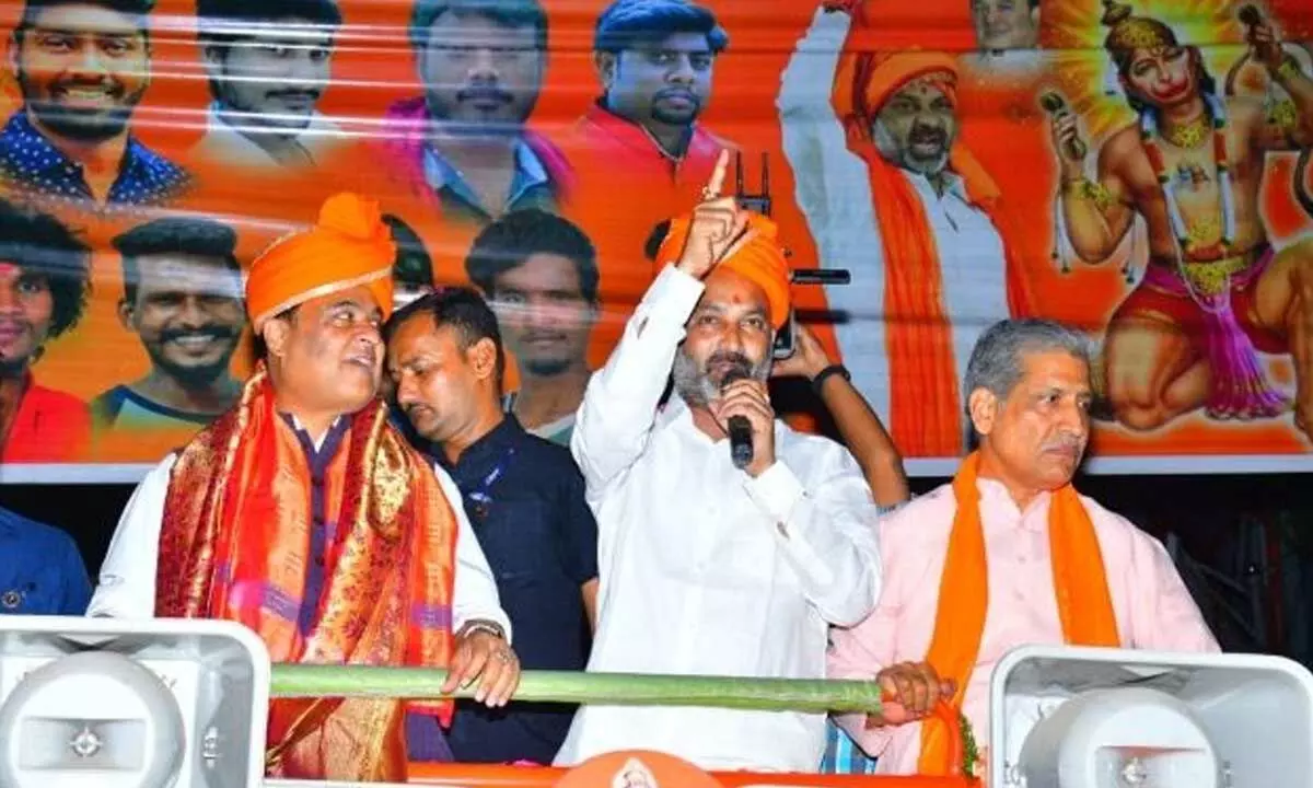 BJP State President and MP Bandi Sanjay Kumar addressing a gathering at ‘Hindu Ekta Yatra’ in Karimnagar on Sunday.