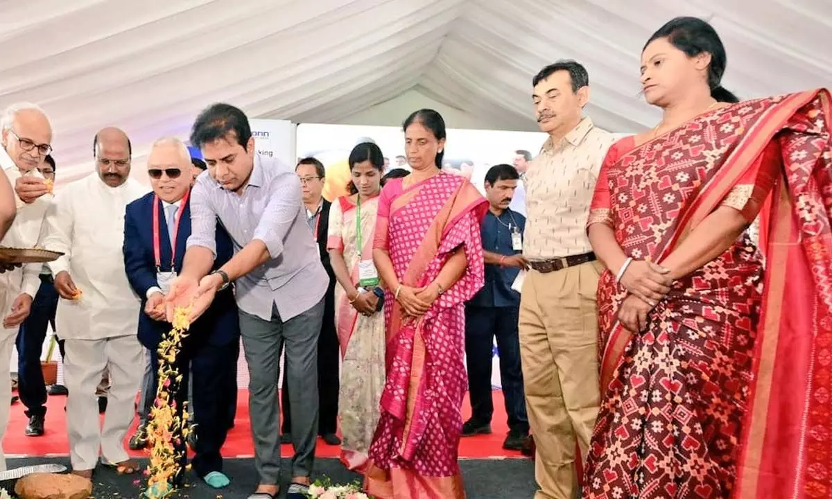 Industries Minister K T Rama Rao participating in the ground-breaking ceremony of Foxconn’s electronics manufacturing facility at Kongara Kalan near Hyderabad on Monday