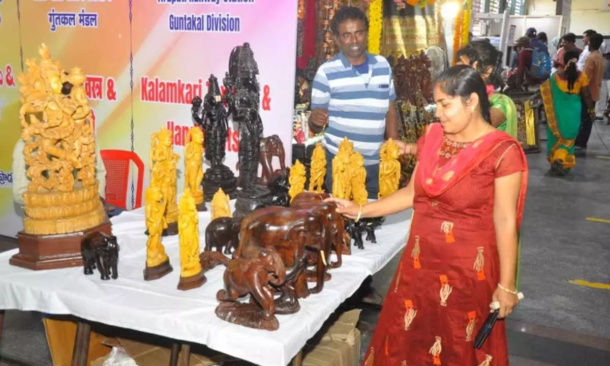 Wooden handicrafts for sale at railway station in Vijayawada