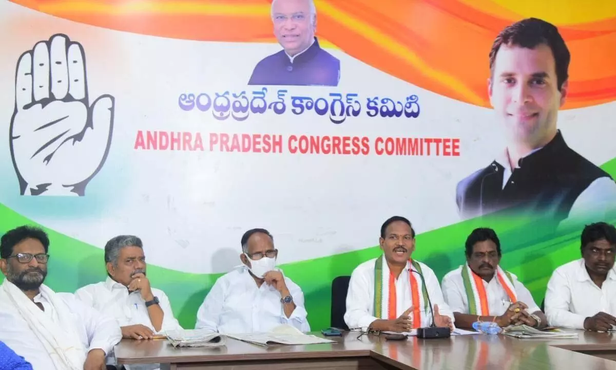 APCC working president Janga Gowtham addressing the media at Andhra Ratna Bhavan in Vijayawada on Tuesday