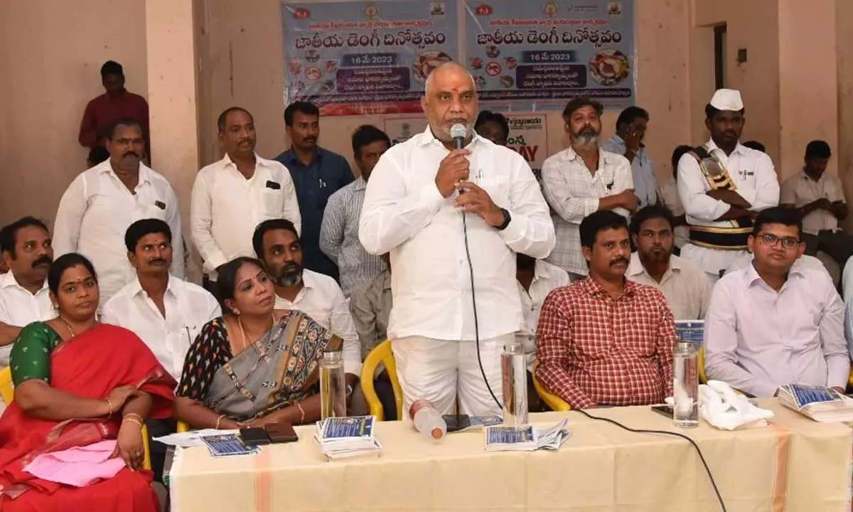 Central MLA Malladi Vishnu speaking at an awareness programme in Vijayawada on Tuesday. District Collector S Dilli Rao and VMC Commissioner Swapnil Dinkar Pundkar are also seen.