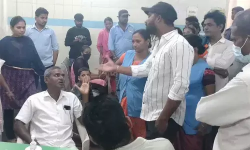Government RIMS hospital workers questioning union leaders at RIMS campus in Srikakulam  on Tuesday