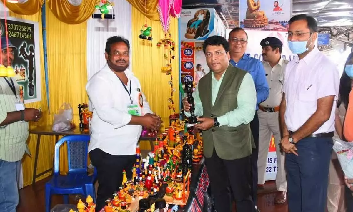 Divisional Railway Manager Anup Satpathy at ‘One Station One Product’ stall at Visakhapatnam railway station