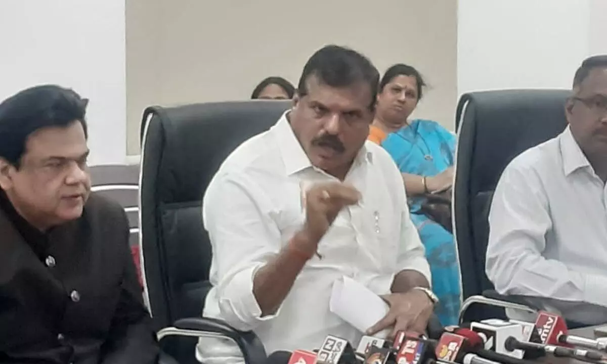 Education Minister Botcha Satyanarayana speaking to the media at the Samagra Siksha office in Vijayawada on Wednesday