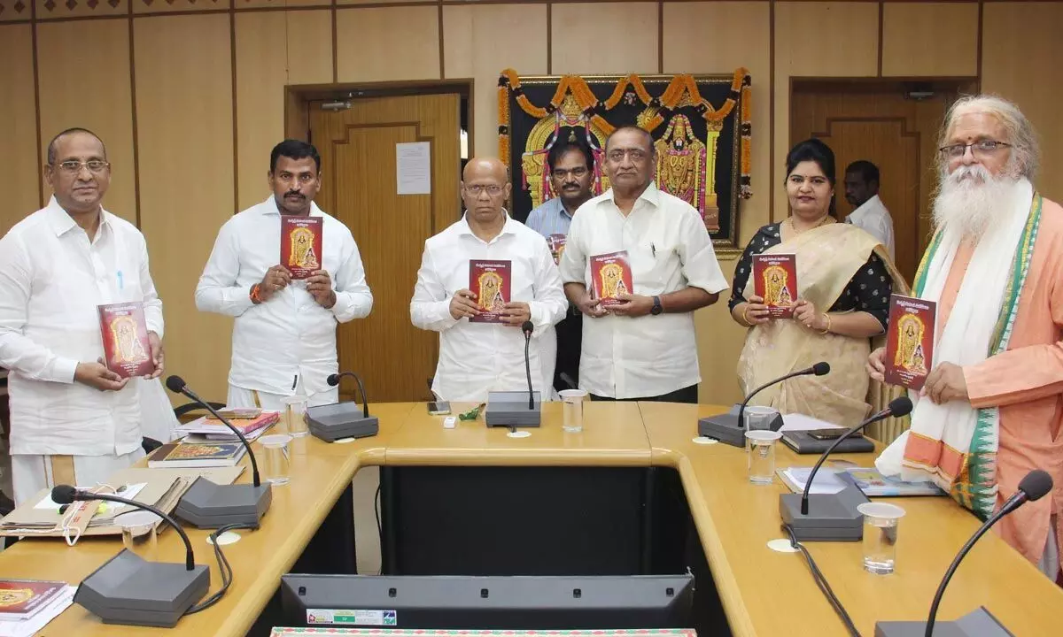 TTD EO A V Dharma Reddy releasing a Telugu book ‘Matrusri Tarigonda Vengamamba Danapatralu’, in Tirupati on Wednesday