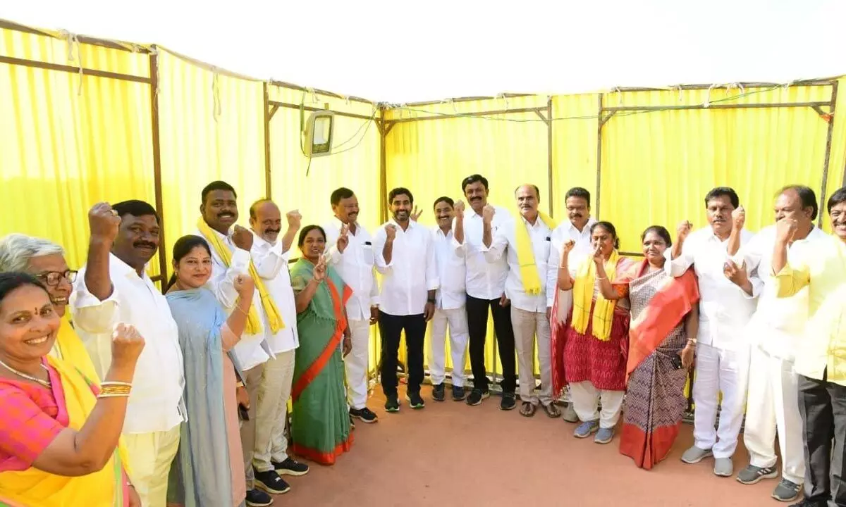TDP leaders shows victory sign at the NTR centenary celebrations in Anantapur on Wednesday