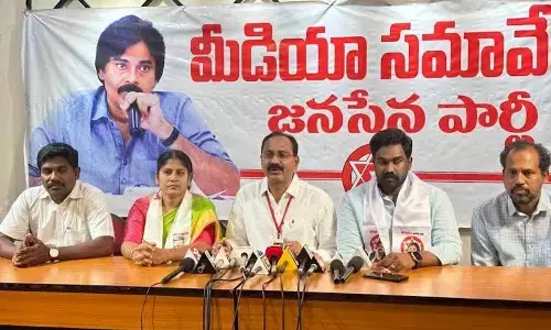 Jana Sena Party political affairs committee member Kona Tatarao speaking to the media in Visakhapatnam on Tuesday
