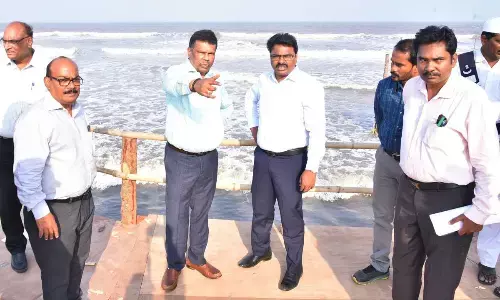 Special Chief Secretary (Industries and Commerce) R Karikal Valaven inspecting the arrangements for the Chief Minister’s visit in Machilipatnam on Wednesday. Krishna District Collector P Raja Babu and others are also seen.