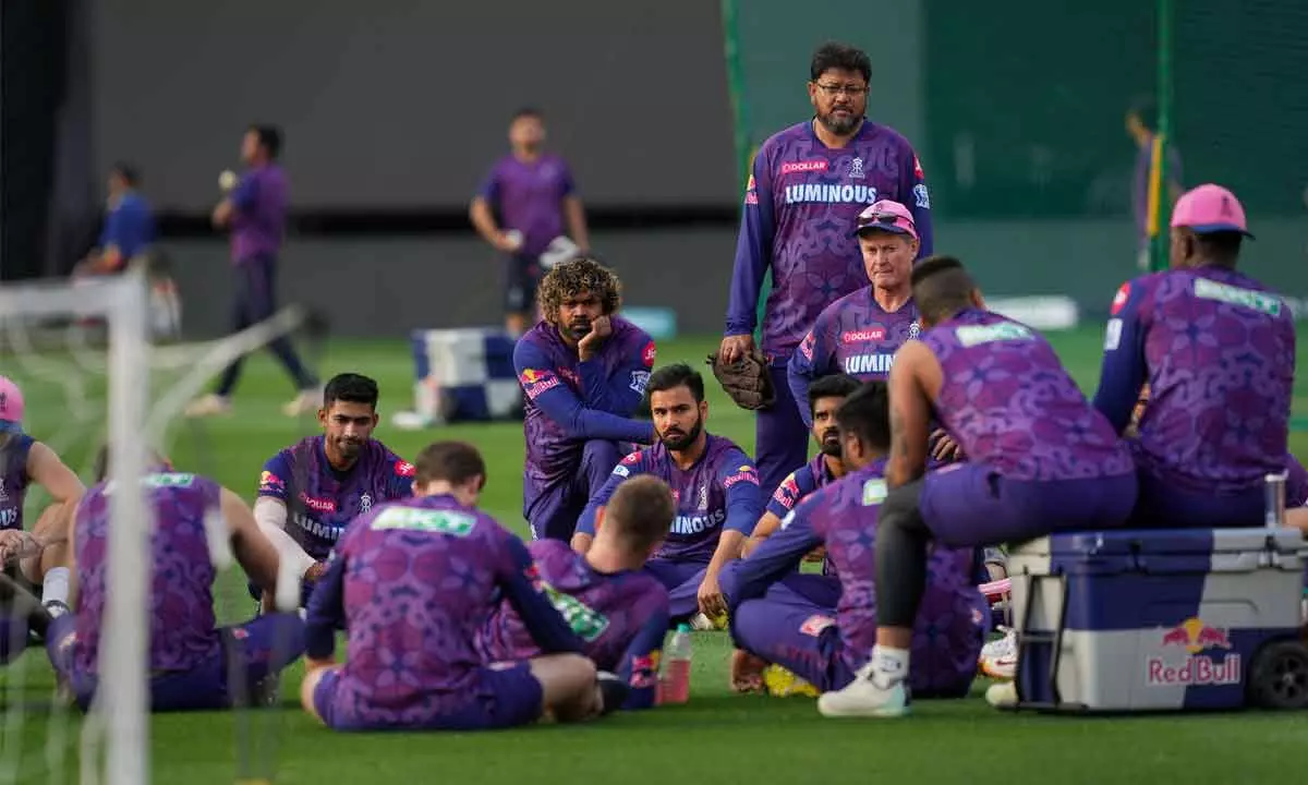 Rajasthan Royals players and support staff during a practice session ahead of the IPL match against Punjab Kings, in Dharamshala, on Thursday