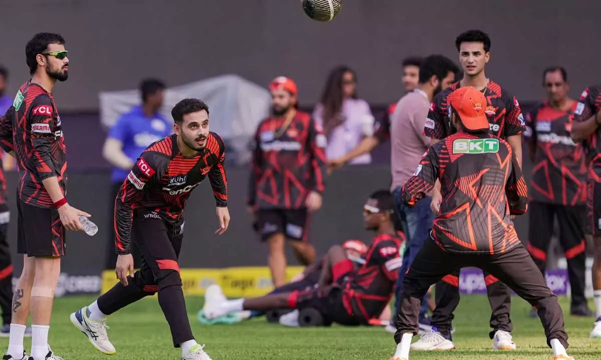 Sunrisers Hyderabad players during a practice session ahead of the IPL match against Mumbai Indians, at Wankhede Stadium in Mumbai, on Saturday