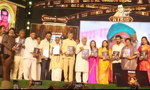 Haryana Governor Bandadru Dattatreya, TDP president N Chandra Babu Naidu and other dignitaries at the 100th birth anniversary celebrations in Hyderabad on Saturday 	      Photo: Srinivas Setty