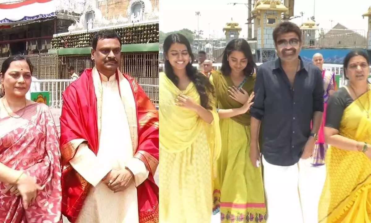 AP High Court judge Justice Munindranath Roy and his family members outside the Lord’s shrine at Tirumala and Film actor Rajasekhar along with his wife Jeevitha and two daughters at Tirumala on Sunday