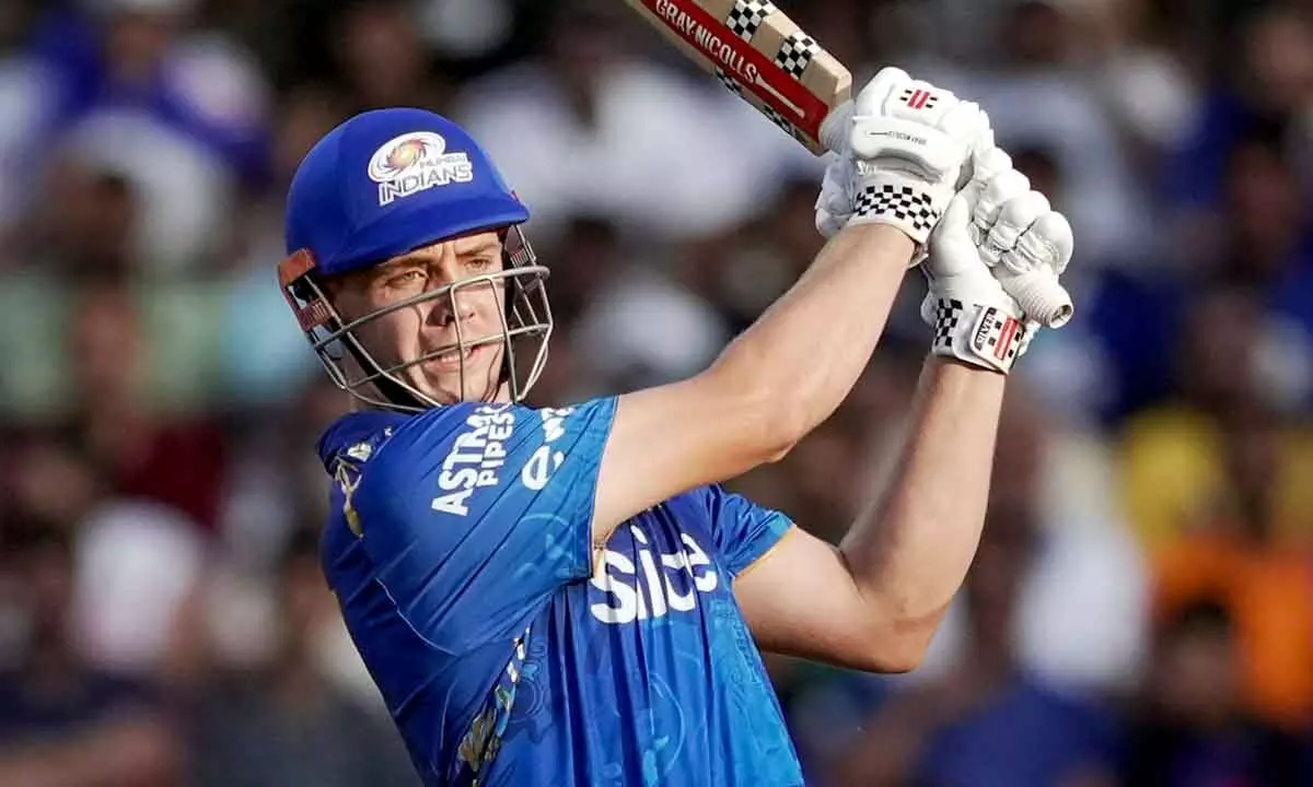 Mumbai Indians’ Cameron Green plays a shot during the IPL match against Sunrisers Hyderabad at Wankhede Stadium in Mumbai on Sunday