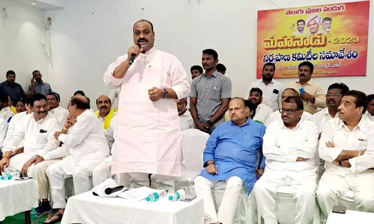 TDP State president Kinjarapu Atchannaidu speaking at the Mahanadu committee meeting in Rajamahendravaram on Tuesday