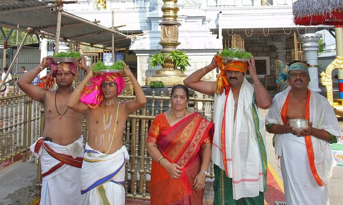 Temple officials and priests taking part in Koil Alwar Tirumanjanam at TTD’s Sri Prasanna Venkateswara Swamy temple at Appalayagunta on Tuesday