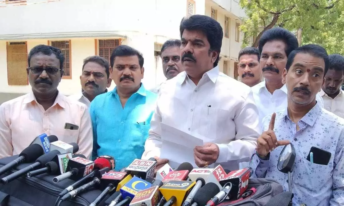 TDP Politburo member Bonda Umamaheswara Rao speaking with the media in Vijayawada on Tuesday