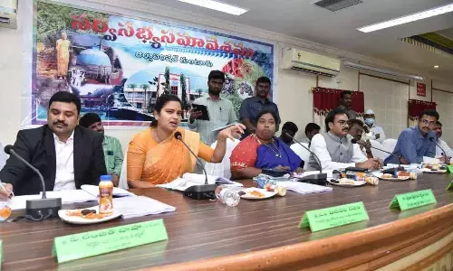 Minister for Medical and Health Vidadala Rajini addressing the ZP general body meeting in Guntur on Tuesday